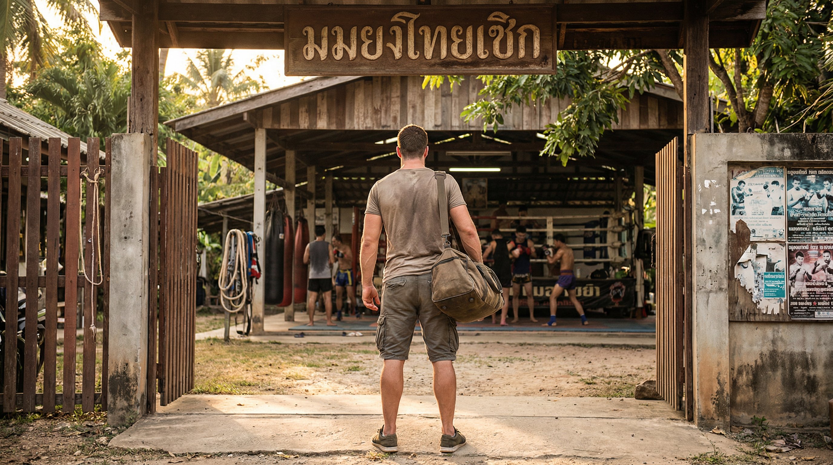 Fighter arriving at Thai gym entrance